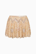 Sunlit sand beaded sequin mini skirt with scalloped hem and embroidered floral motifs