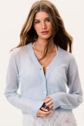 Light blue sheer alpaca cardigan with V-neck and button front