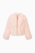 Pale pink short shearling jacket, buttonless open front and long sleeves