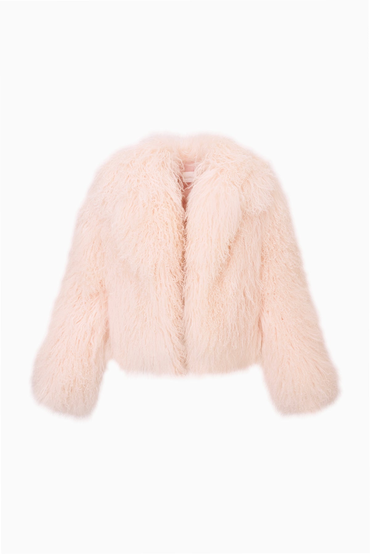 Pale pink short shearling jacket, buttonless open front and long sleeves