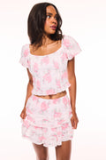 Pink and white floral print off-shoulder ruffle cropped top with tiered detail