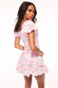 Pink and white floral print ruffle cropped summer top with short puff sleeves