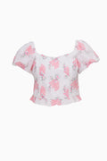 Pink and white floral print square-neck ruffle cropped top with flutter sleeves