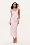Castle silk-blend floral maxi skirt in blush pink with lace-trim hem, full-length side view