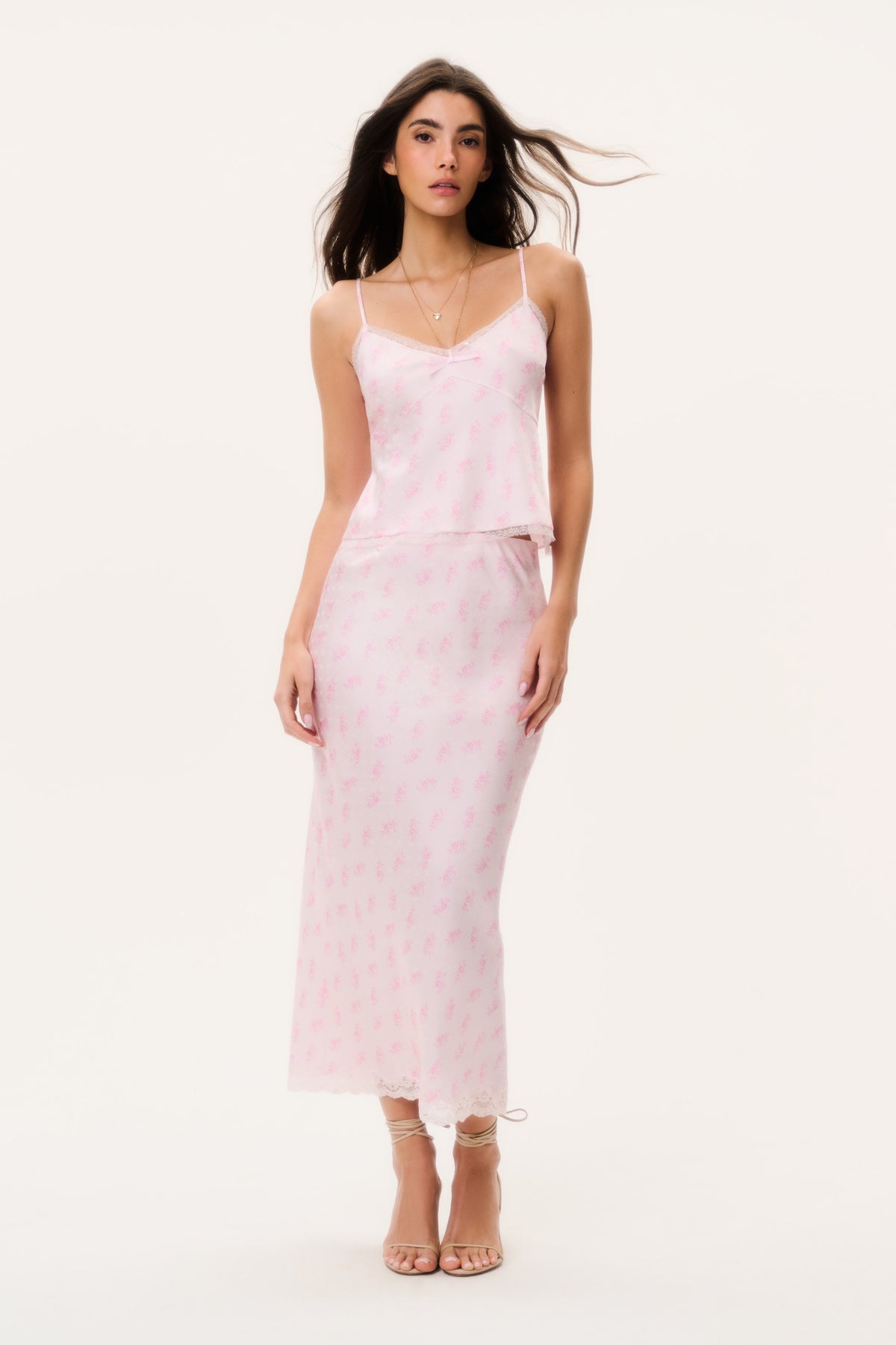 Castle silk-blend floral maxi skirt in blush pink with lace-trim hem, full-length side view