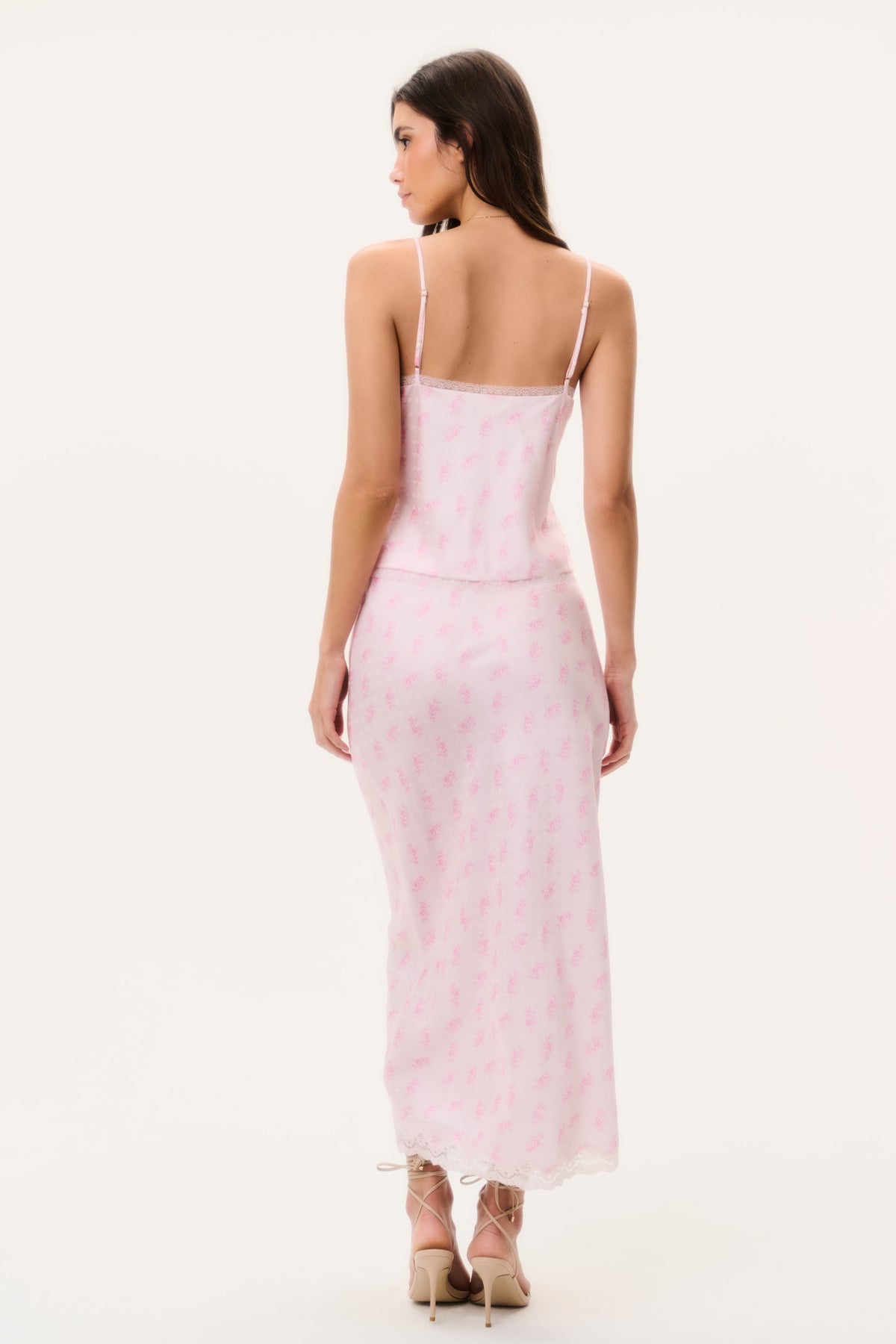 Silk-blend floral cami top with lace-trim straps, light pink back view