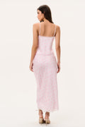 Castle silk-blend floral maxi skirt in blush pink with lace-trim hem, back view on model