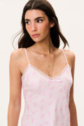Silk-blend floral cami top with lace trim at V-neck, adjustable spaghetti straps