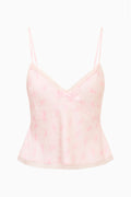 Silk-blend floral cami top, light pink lace-trim neckline and central bow