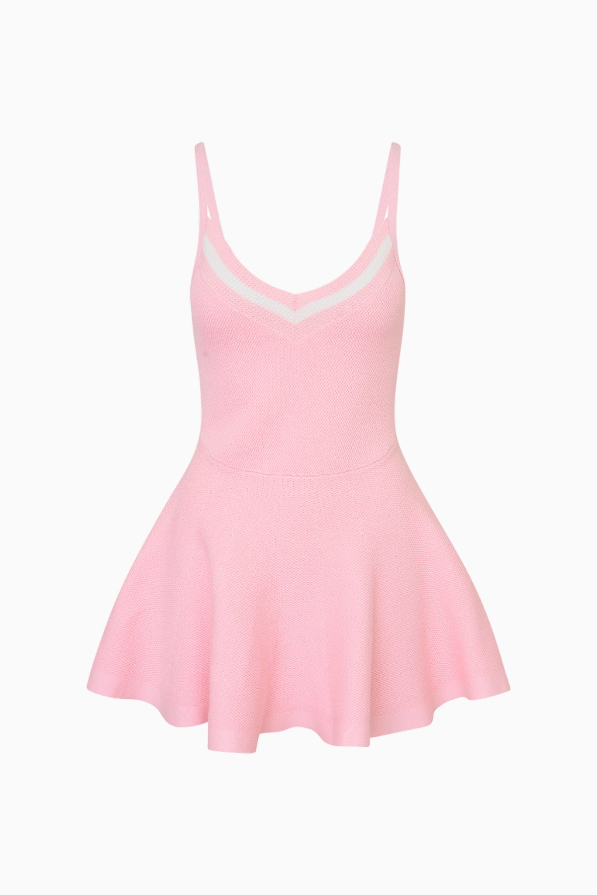 Light pink cotton knit active dress with V-neck and spaghetti straps, flared skirt