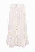 Optic white cotton maxi skirt with button-front placket and ruffled tiered hem