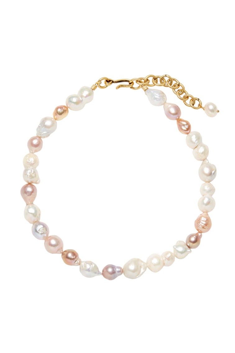 Pearl choker necklace with multicolor round pearls and gold-tone clasp