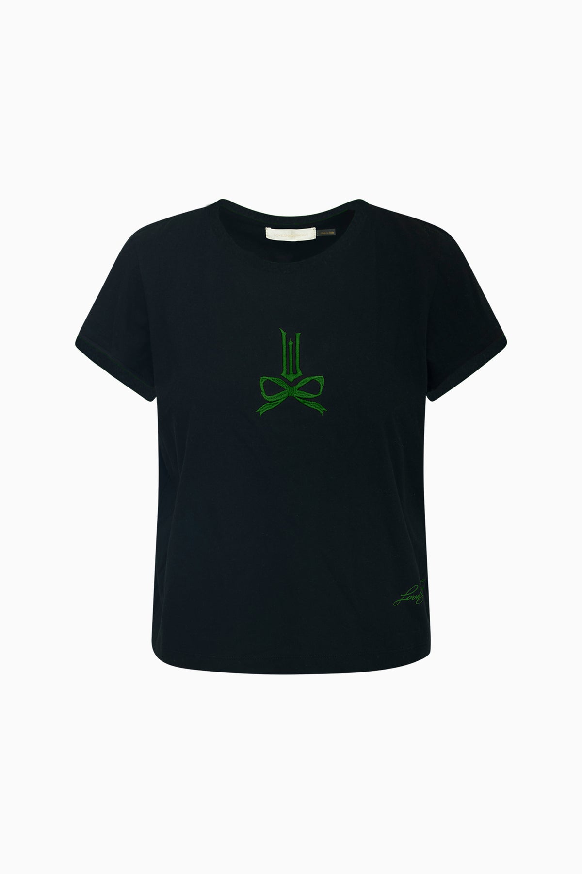 Black crew-neck T-shirt with green logo graphic, short sleeves