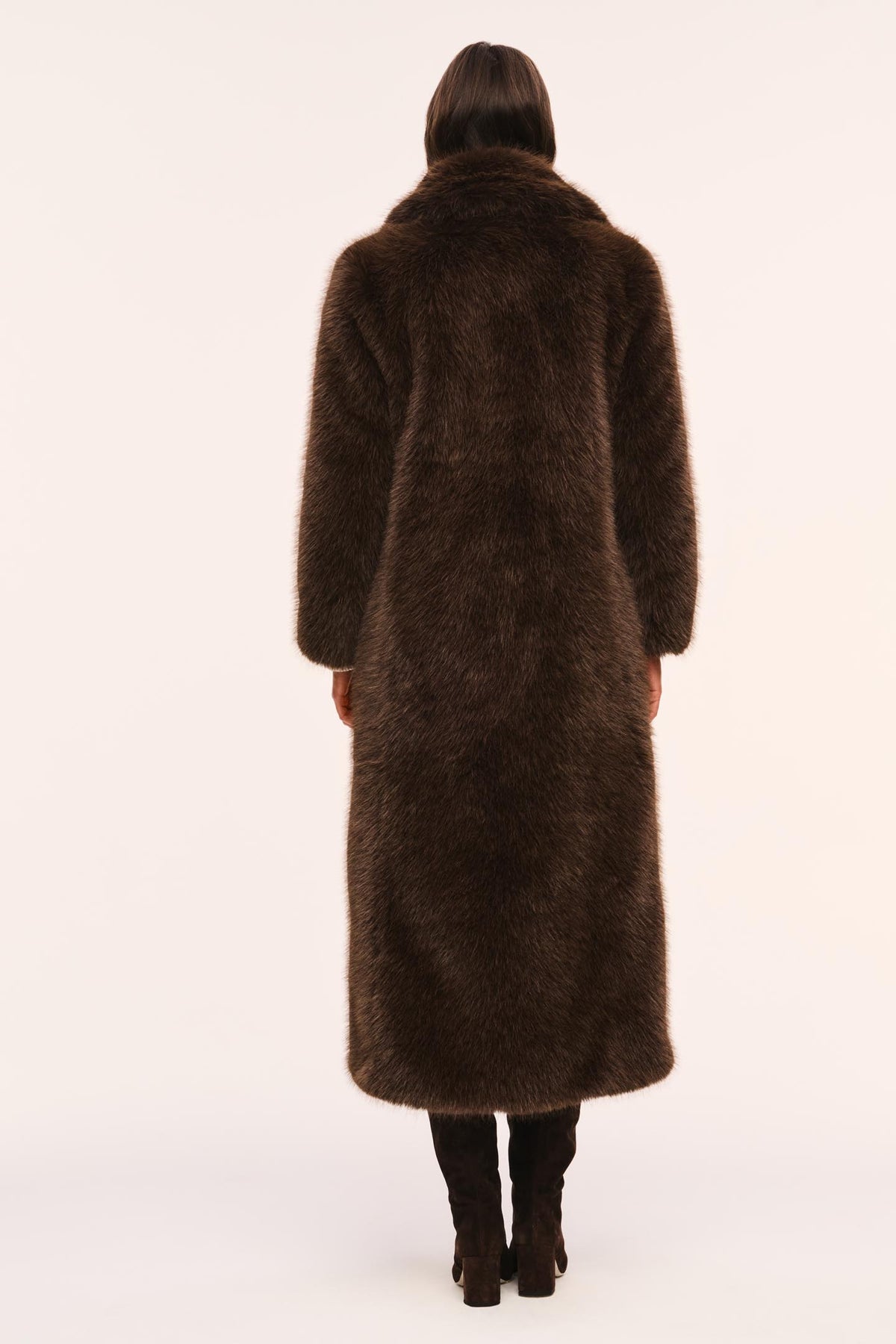 Dark brown long faux fur jacket, open back view with three-quarter sleeves