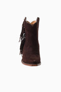 Brown suede ankle boots with fringe tassels and stacked low heel