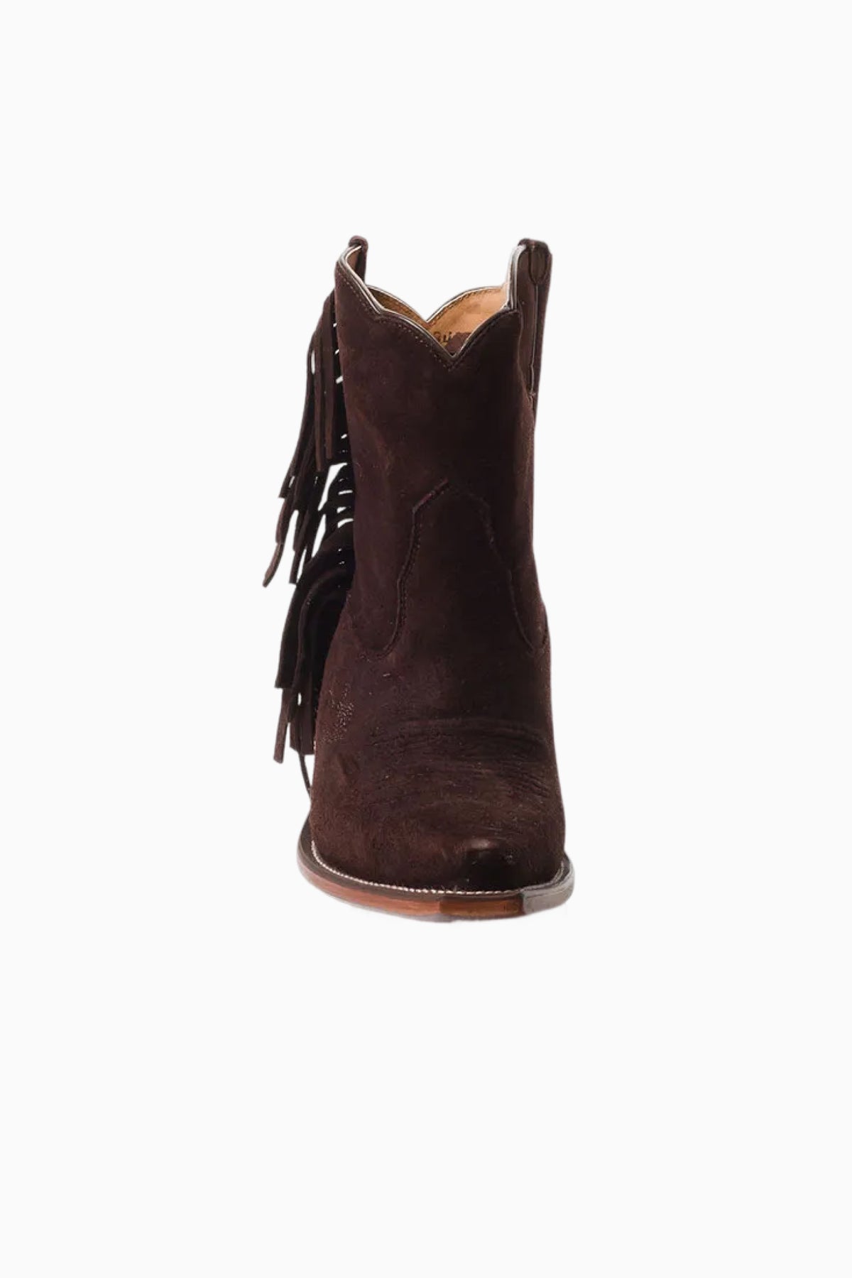 Brown suede ankle boots with fringe tassels and stacked low heel