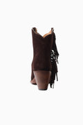 Brown suede ankle boots, side view with fringe tassels and block heel