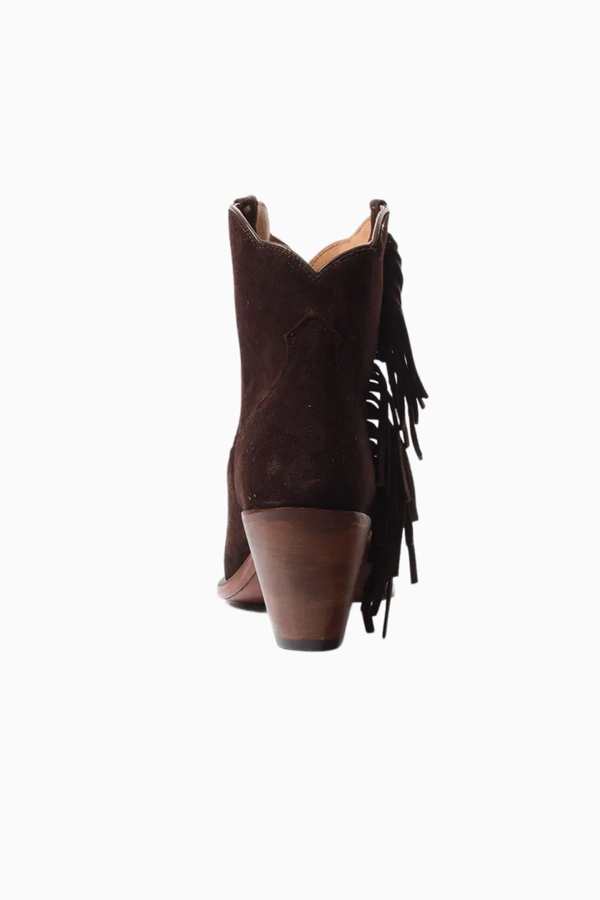 Brown suede ankle boots, side view with fringe tassels and block heel