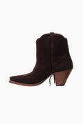 Brown suede cowboy boots with pull-on shaft, stitched toe, and low block heel