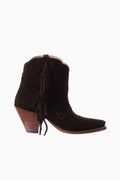 Brown suede ankle boots with fringe tassels, pull-on top, and block heel