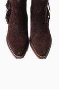 Pair of brown suede ankle boots with fringe detail and stitched brown sole edge