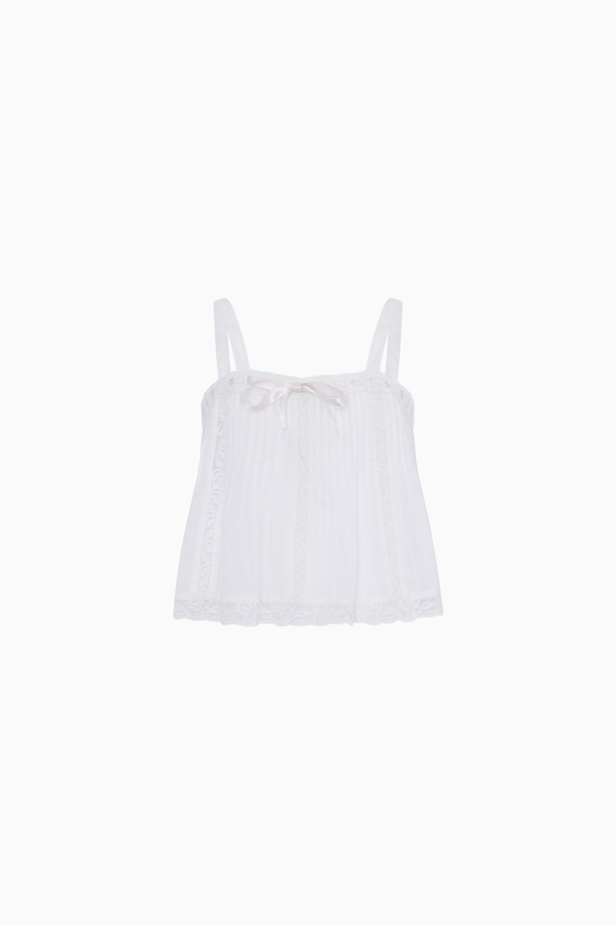 Girls' white cotton sleeveless top with lace trim and gathered bodice