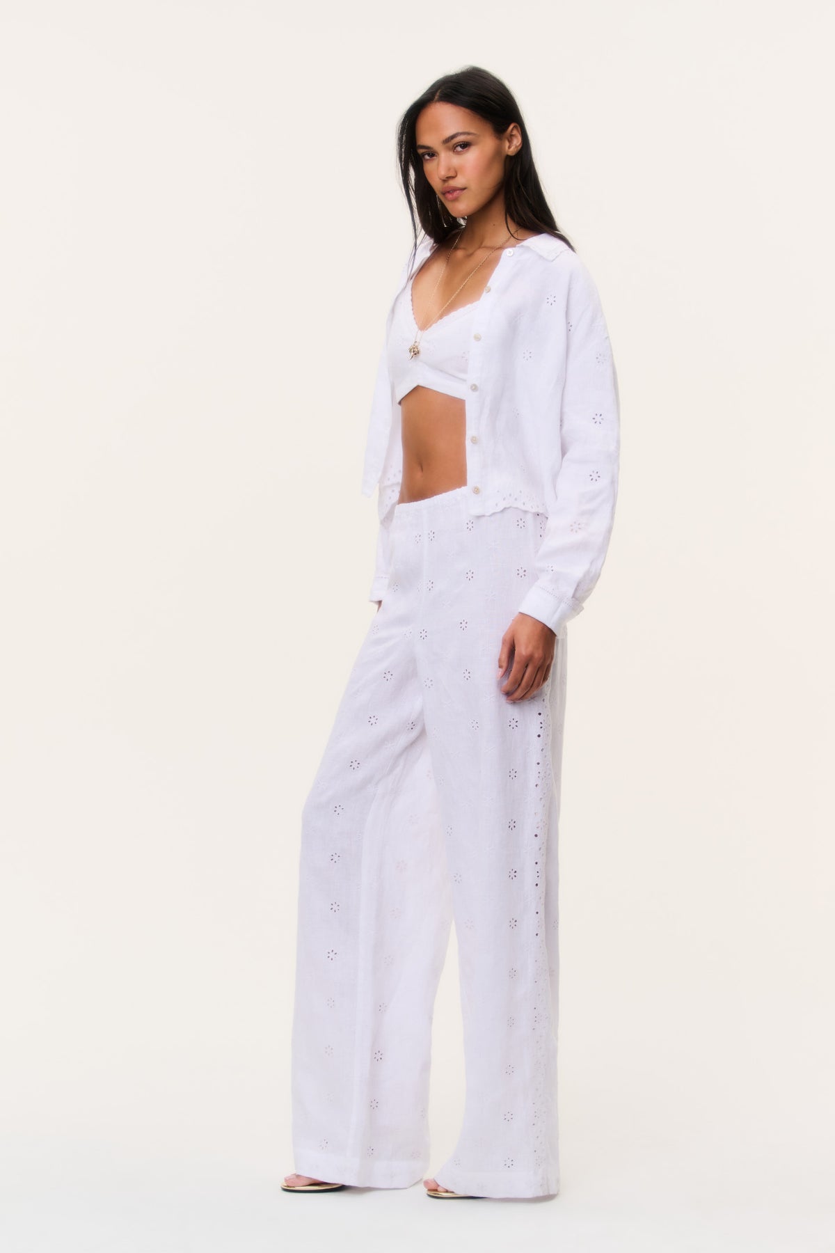 Optic white eyelet linen pants, drapey wide-leg silhouette with scattered tiny embroidered dots