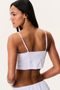 White eyelet linen bralette top with open back and adjustable straps