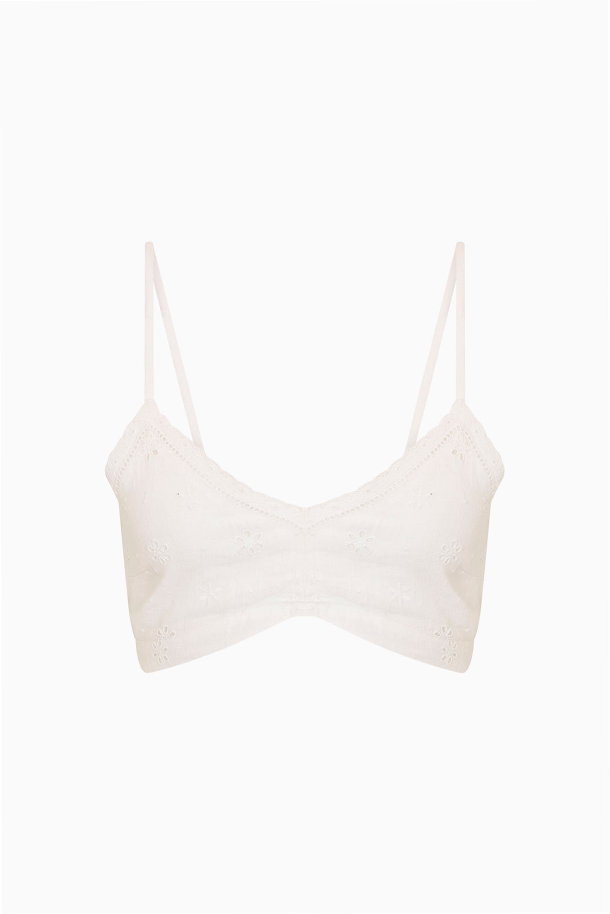 Optic white eyelet linen bralette with adjustable spaghetti straps