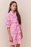 Kids pink kiss-print robe with hood and front pockets, side view