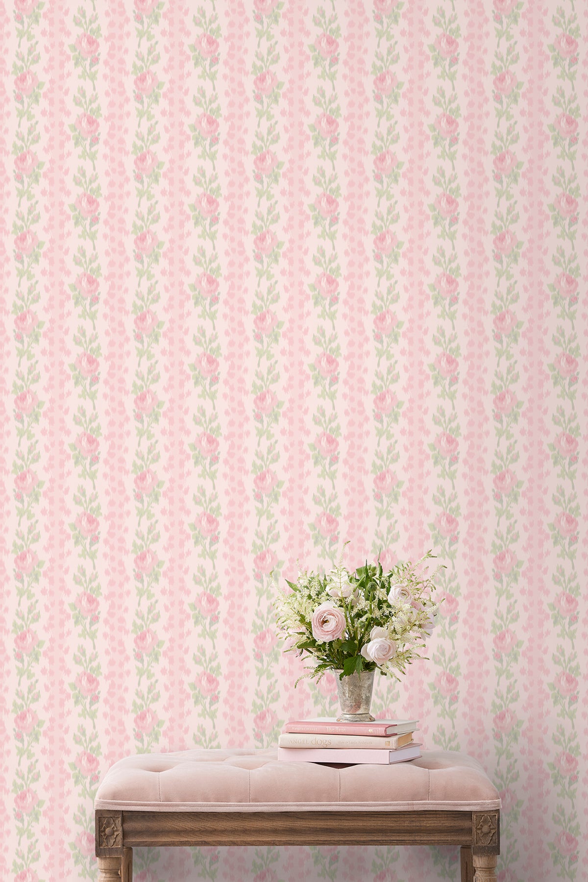 Peel-and-stick wallpaper wall covering with soft pink rose floral pattern