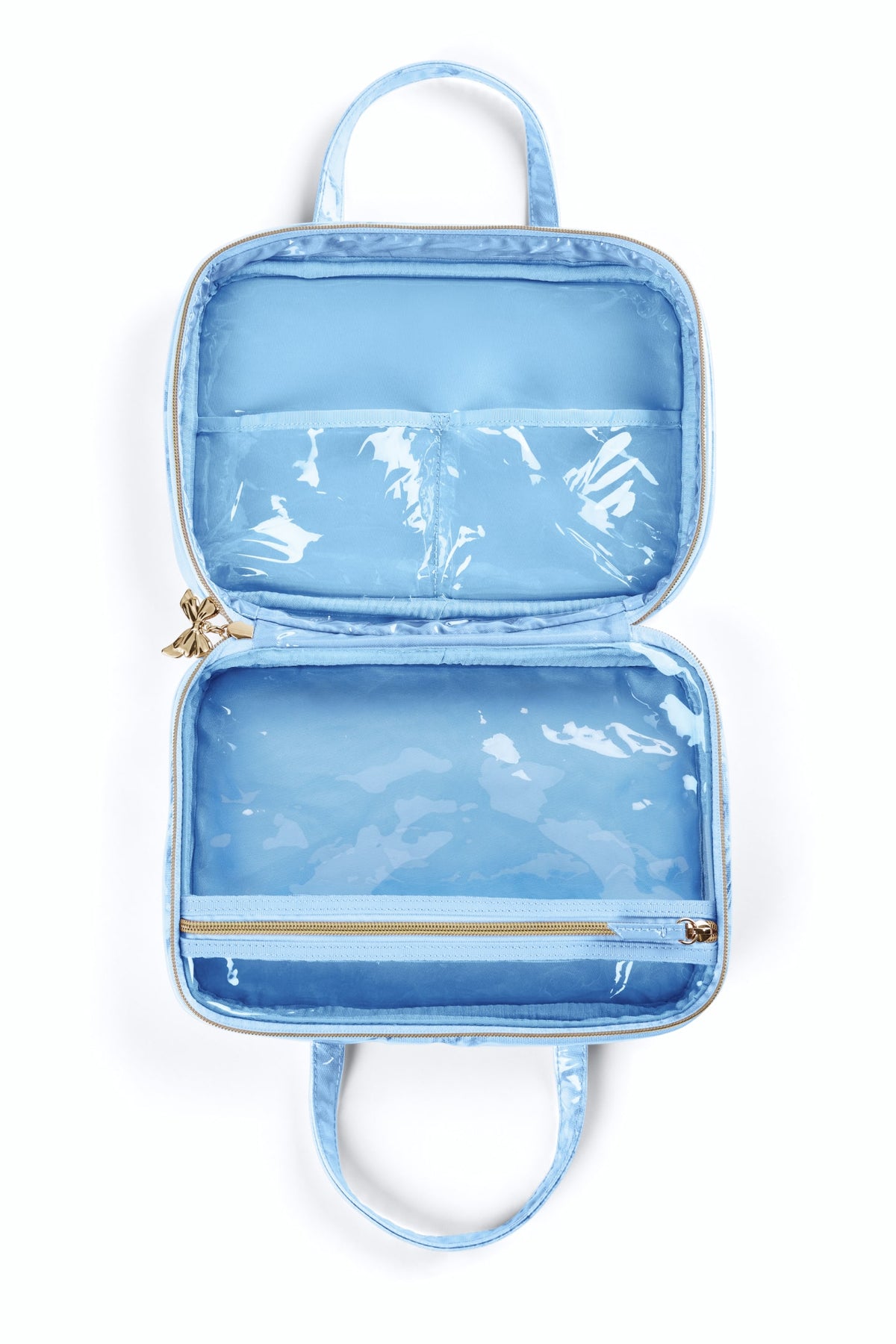 Light blue glossy travel box with top handle, open two-compartment interior