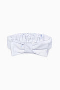 Light blue bow headband with gathered ruffle and centered fabric knot