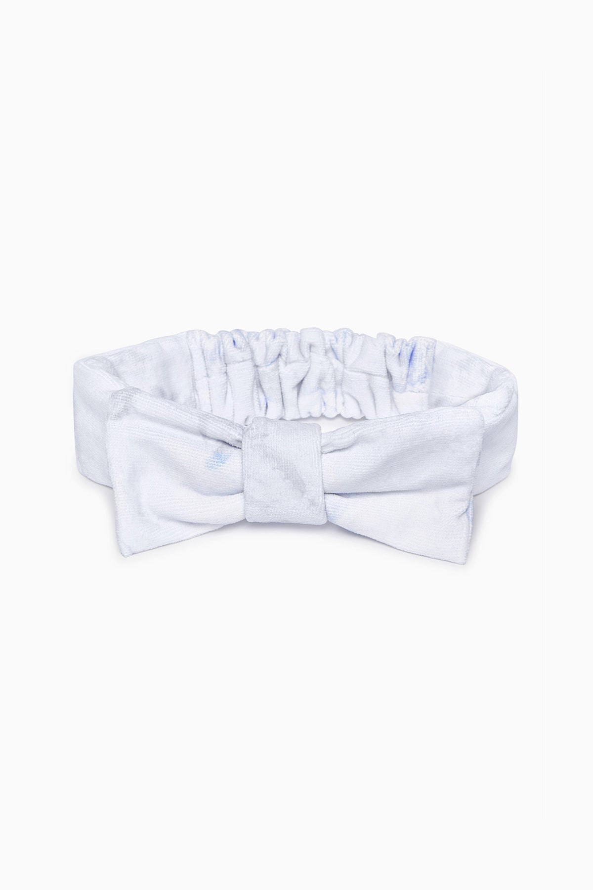 Light blue bow headband with gathered ruffle and centered fabric knot