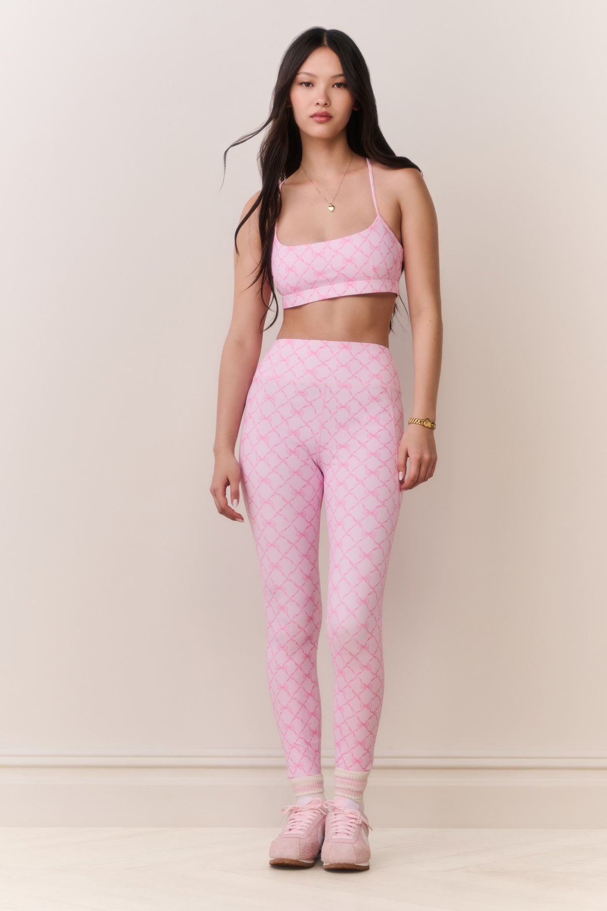 Pink printed highland leggings with high-rise waistband and lattice print