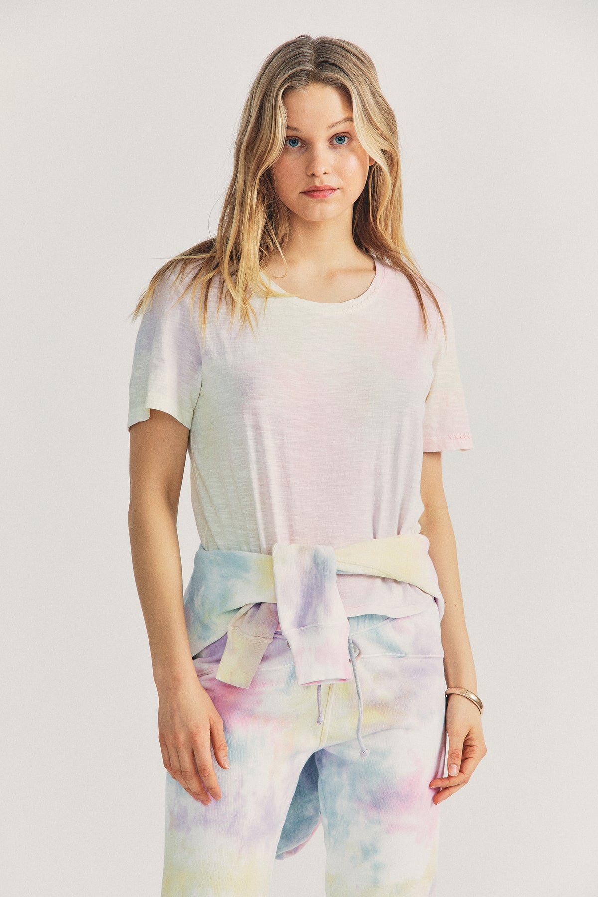 Pink and white tie-dye cotton tee with crew neck and short sleeves