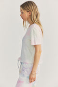 Pink and white tie-dye cotton tee, short sleeves, crew neck, side view