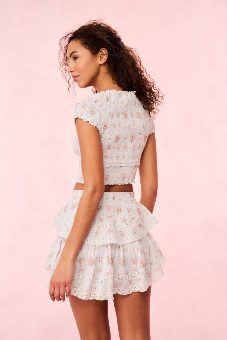 Cotton floral short-sleeve top with lace-trim neckline and back yoke