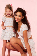 Cotton floral top with short puff sleeves, worn by mother and child