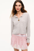 Light gray cashmere cardigan with button front and long sleeves, soft heather knit
