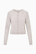 Heather gray cashmere cardigan with button front and long sleeves, crew neckline