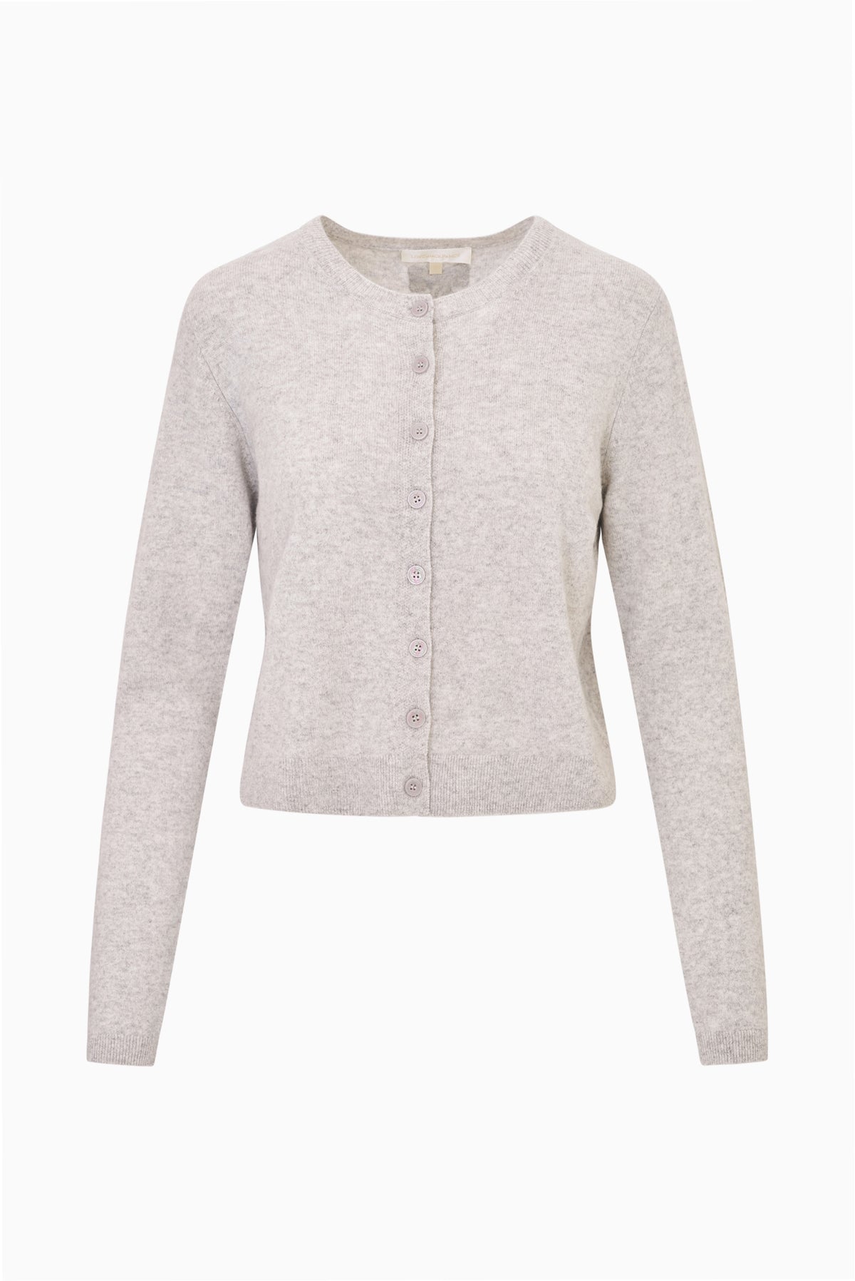 Heather gray cashmere cardigan with button front and long sleeves, crew neckline