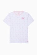 White cotton tee with allover small pink icon print and crew neckline