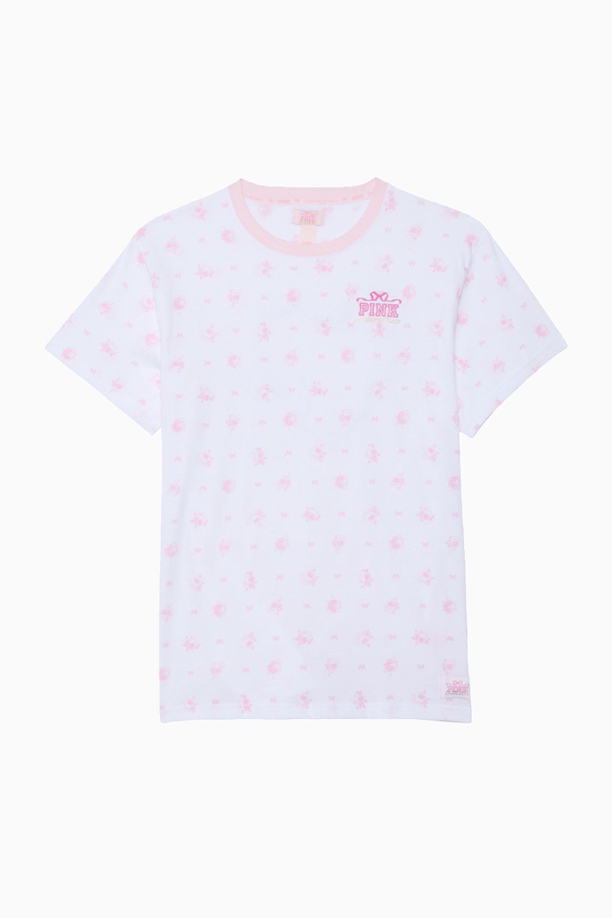 White cotton tee with allover small pink icon print and crew neckline