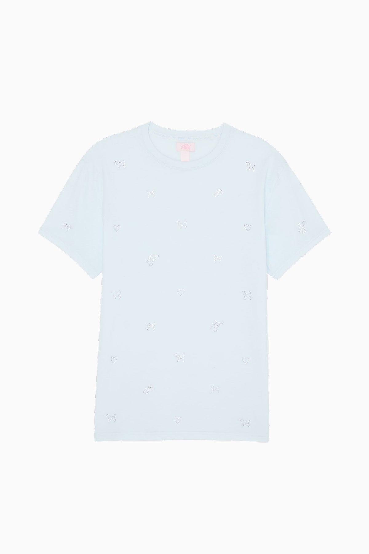 Light blue cotton tee with subtle scattered micro icon pattern, crew neckline