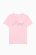Pink cotton tee with glittery script graphic on the front, crew neckline