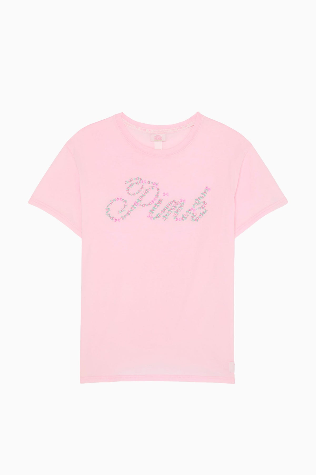 Pink cotton tee with glittery script graphic on the front, crew neckline