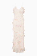 Floral print maxi dress with ruffled tiers and spaghetti straps