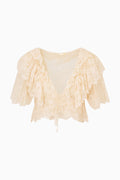 Ivory lace ruffle crop top with short sleeves and scalloped neckline