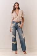 Ivory lace ruffle crop top with flutter sleeves and lace V-neck